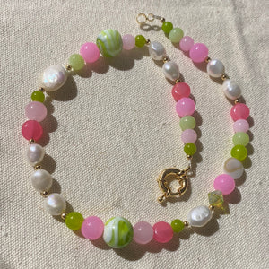 pink and green beaded necklace